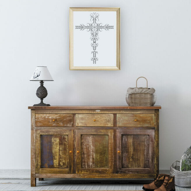 Console table with Name Cross above it