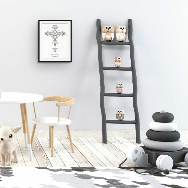Playroom with table and framed cross