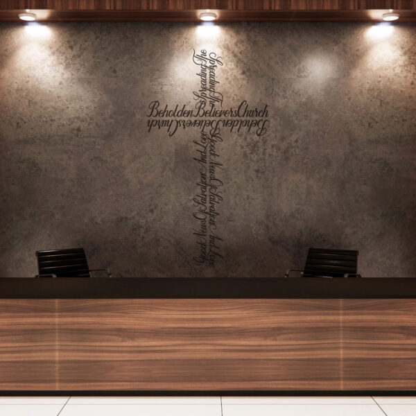 concrete wall Interior reception desk featuring a branded organization name cross